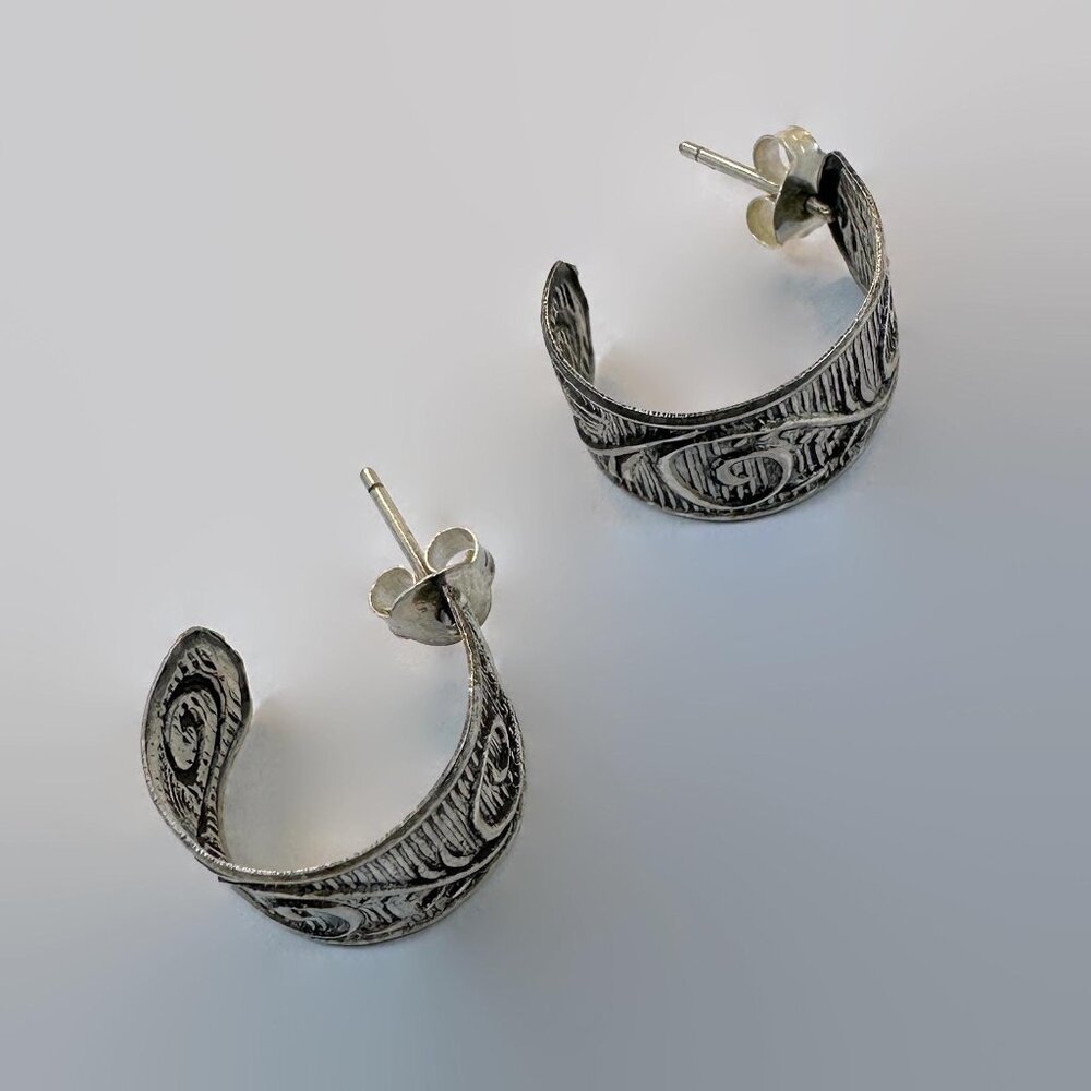 Hoop Earrings, Boho, Etched, Silver Tone, Half Hoop, Vintage, Lightweight - Picture 3 of 4